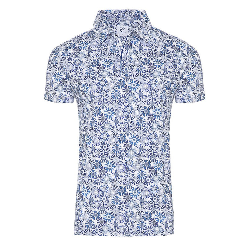 R2 Amsterdam Blue and White Floral Short Sleeve Pique Knit Polo