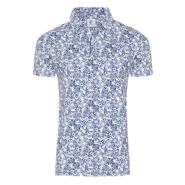 R2 Amsterdam Blue Floral Print Short Sleeve Polo