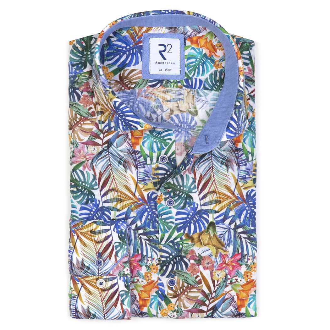 Brand Partner,R2 Amsterdam, R2 Amsterdam White Multicolor Tropical Print Button Up, Blue, Small-41-Tag39