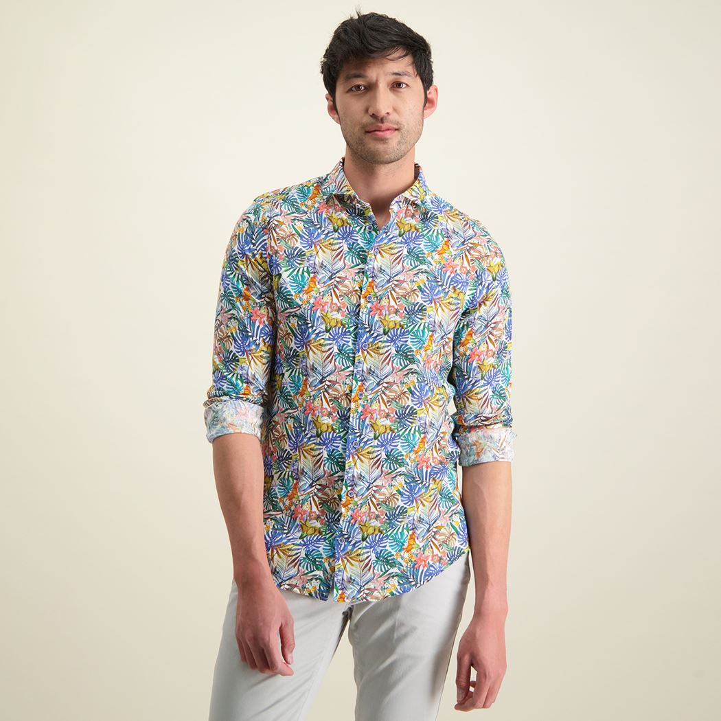 Brand Partner,R2 Amsterdam, R2 Amsterdam White Multicolor Tropical Print Button Up, Blue, Small-41-Tag39