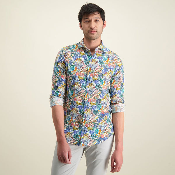 R2 Amsterdam White Multicolor Tropical Print Button Up