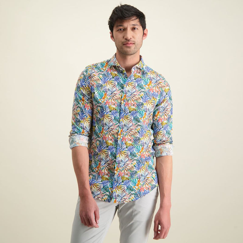 R2 Amsterdam White Multicolor Tropical Print Button Up