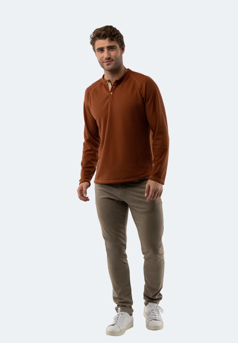 Wholesale,American Heritage, American Heritage Rust Copper Waffle Knit 3-Button Henley, Orange, Large-46-TagL