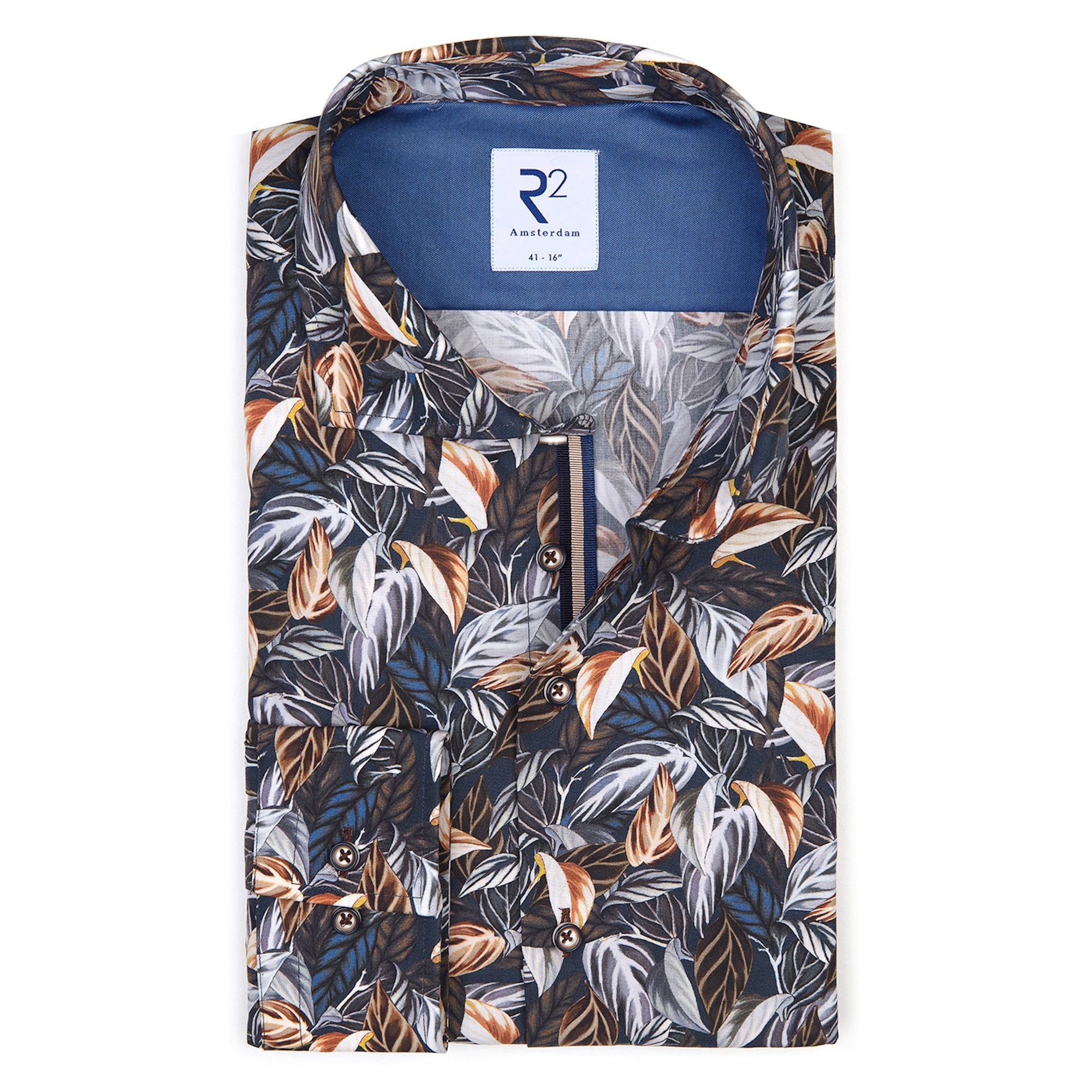 Brand Partner,R2 Amsterdam, R2 Amsterdam Blue Leaf Print Button Up, Blue, Large-46-TagL