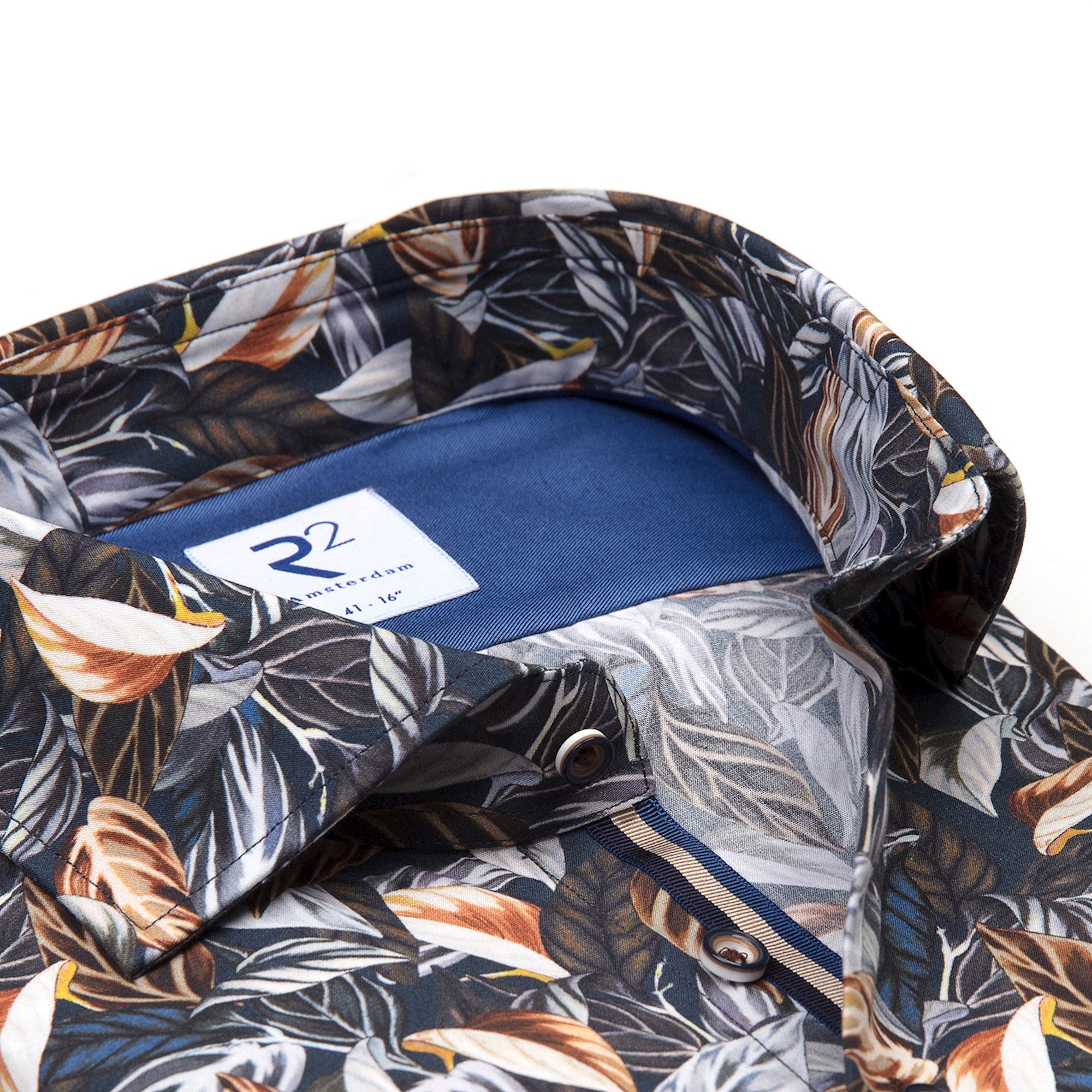 Brand Partner,R2 Amsterdam, R2 Amsterdam Blue Leaf Print Button Up, Blue, Large-46-TagL