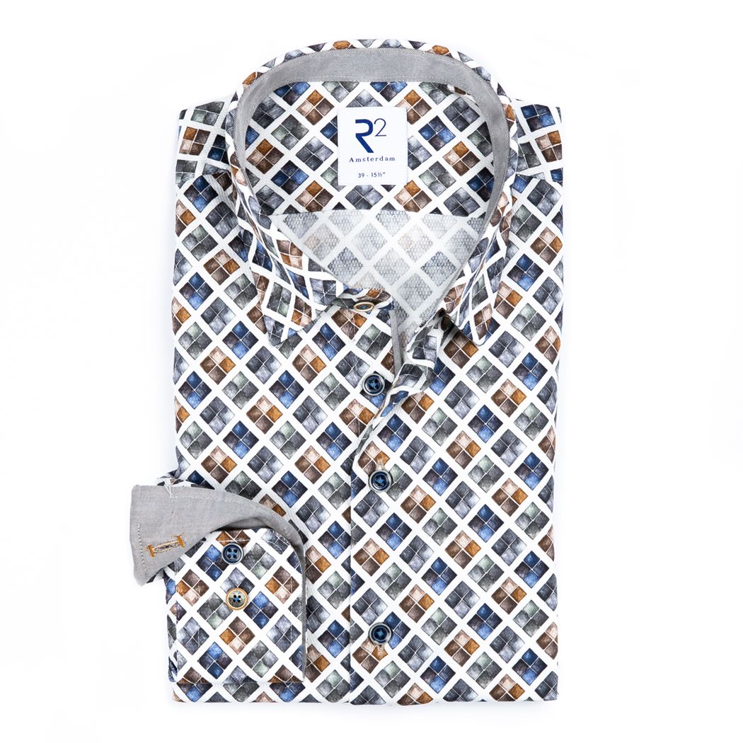 Brand Partner,R2 Amsterdam, R2 Amsterdam White w/ Multicolor Diamond Geometric Print Textured Button Up, White, Small-40-TagS