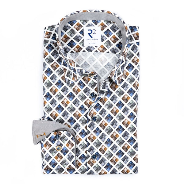 R2 Amsterdam White w/ Multicolor Diamond Geometric Print Textured Button Up