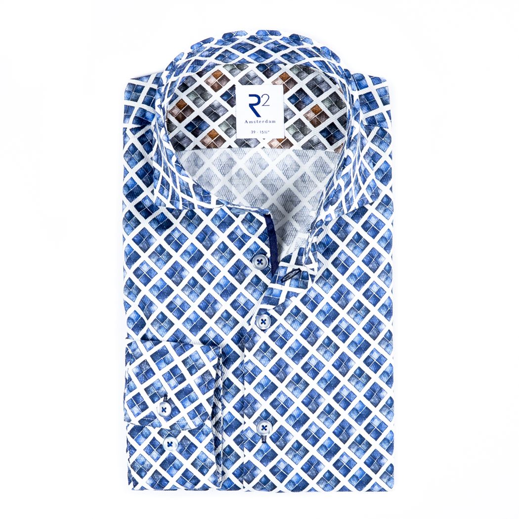 Brand Partner,R2 Amsterdam, R2 Amsterdam Blue Geometric Print Button Up Shirt, Blue, Medium-44-Tag41