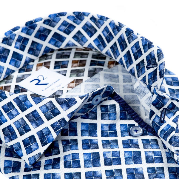 R2 Amsterdam Blue Geometric Print Button Up Shirt