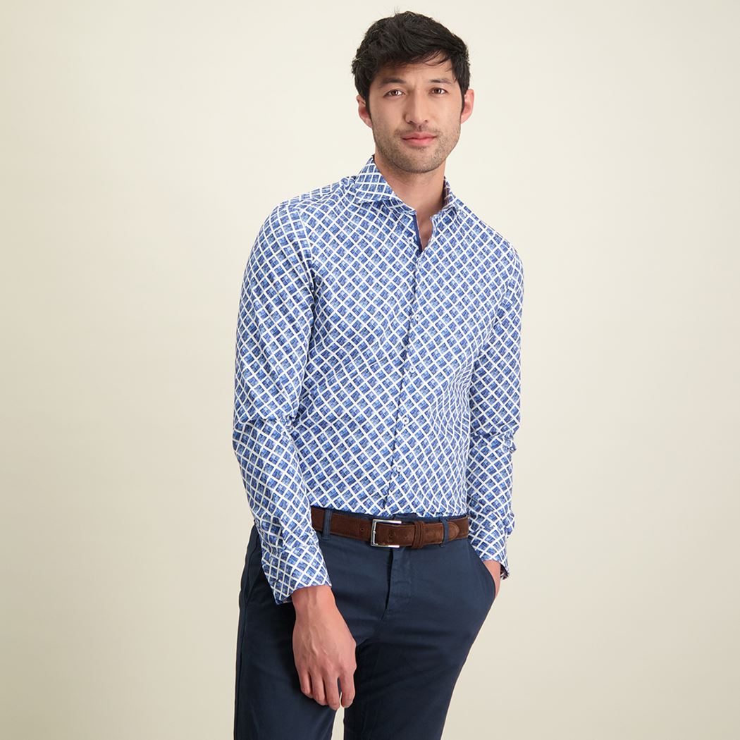 Brand Partner,R2 Amsterdam, R2 Amsterdam Blue Geometric Print Button Up Shirt, Blue, Medium-44-Tag41