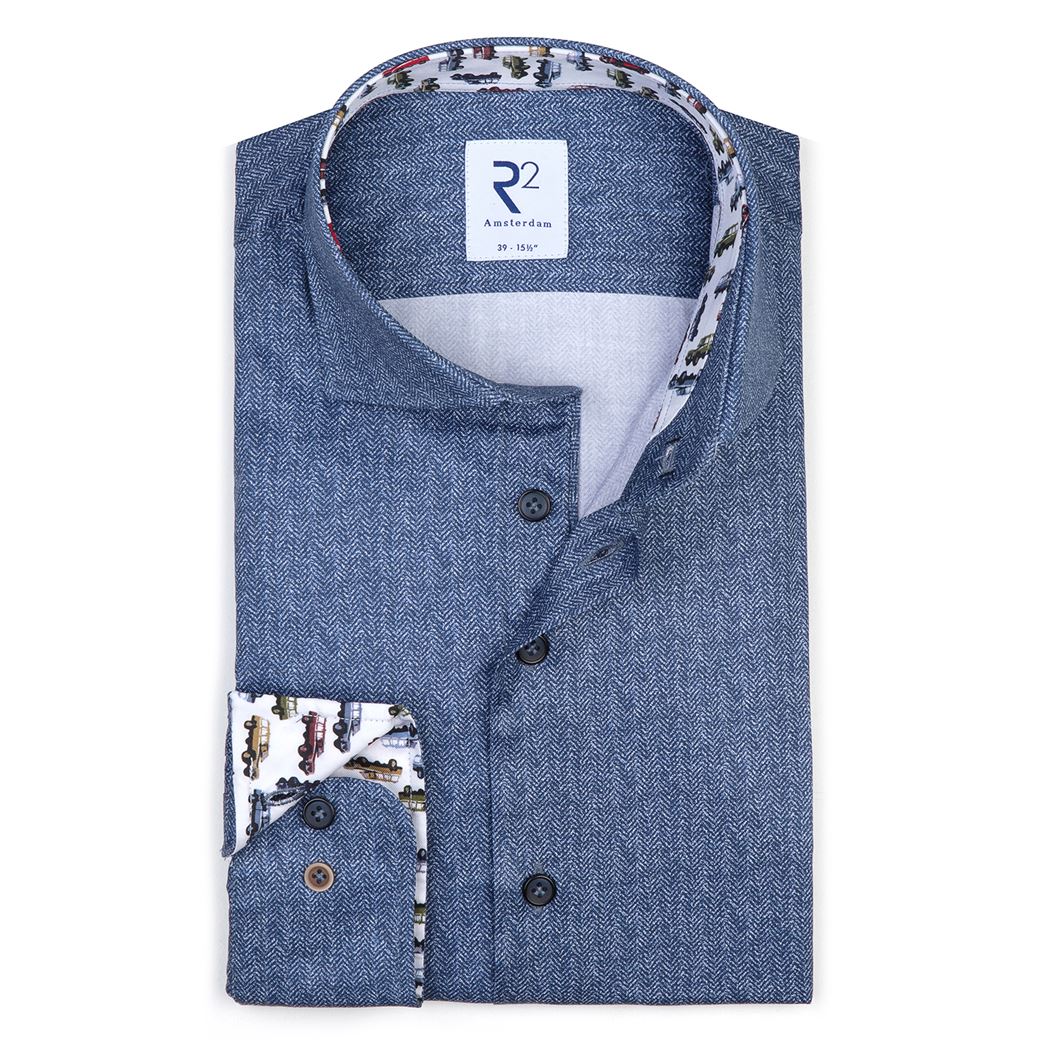 Brand Partner,R2 Amsterdam, R2 Amsterdam Dark Blue Textured Print w/ Car Print Collar and Cuffs Button Up, Blue, Small-40-TagS