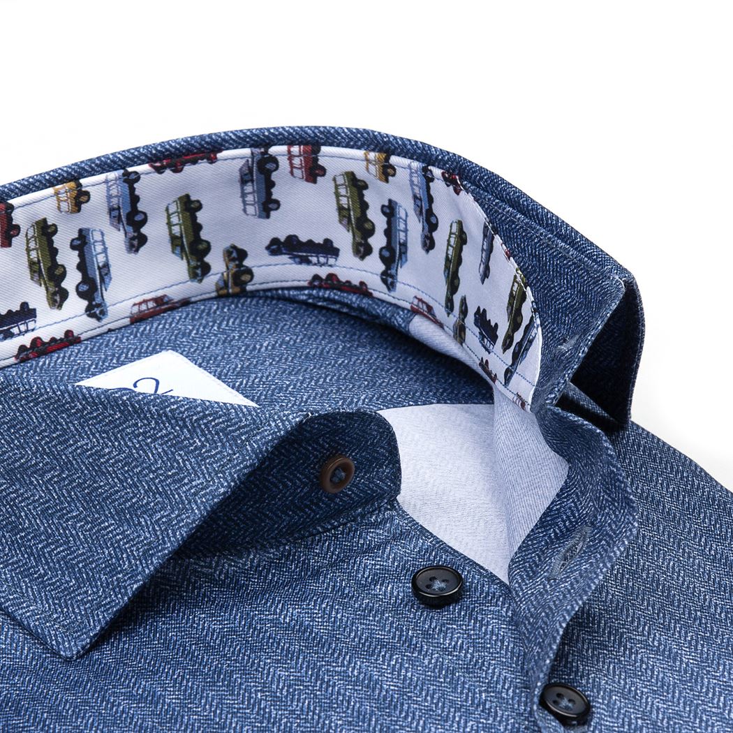 Brand Partner,R2 Amsterdam, R2 Amsterdam Dark Blue Textured Print w/ Car Print Collar and Cuffs Button Up, Blue, Small-40-TagS