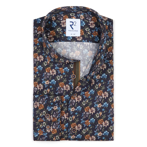 R2 Amsterdam Navy Floral Print Textured Slim Fit Button Up