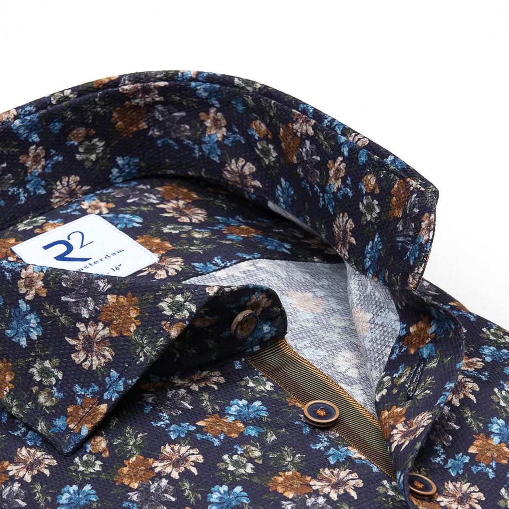 Brand Partner,R2 Amsterdam, R2 Amsterdam Navy Floral Print Textured Slim Fit Button Up, Blue, Small-38-TagS