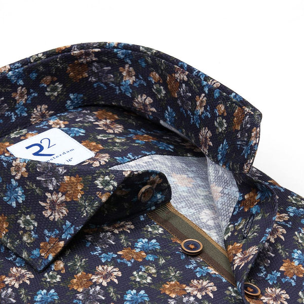 R2 Amsterdam Navy Floral Print Textured Slim Fit Button Up