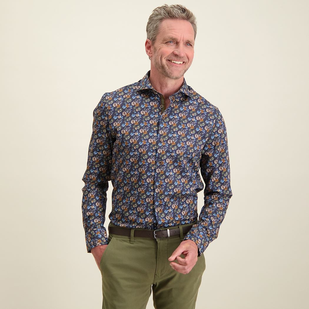 Brand Partner,R2 Amsterdam, R2 Amsterdam Navy Floral Print Textured Slim Fit Button Up, Blue, Large-46-TagL