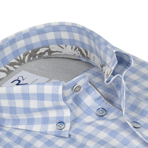 R2 Amsterdam Light Blue Gingham Print Button Down Shirt