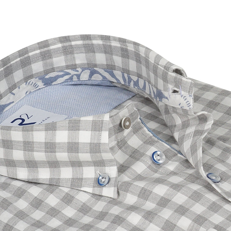 R2 Amsterdam Light Grey Gingham Print Button Down Shirt