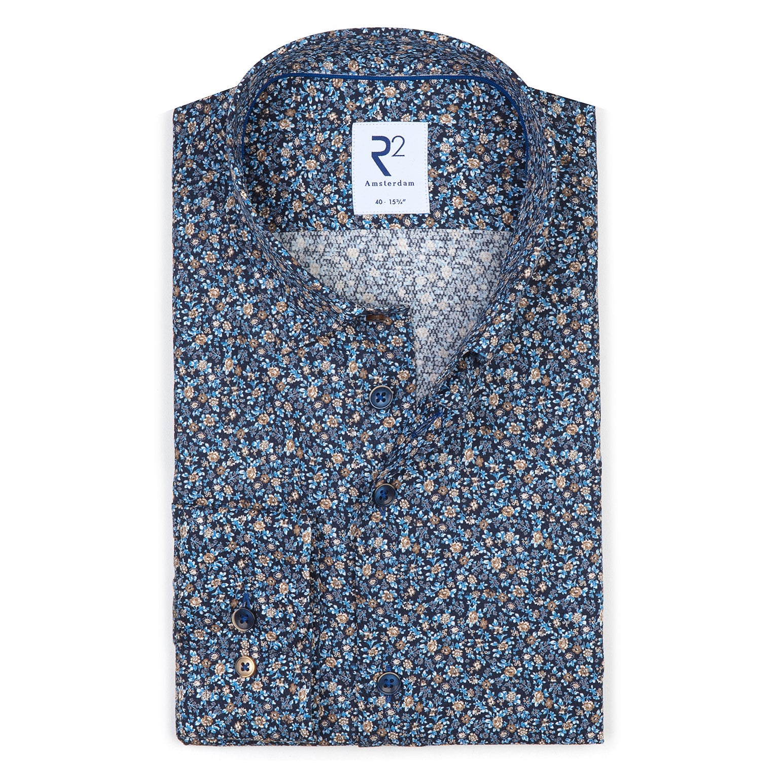 Brand Partner,R2 Amsterdam, R2 Amsterdam Dark Blue Floral Textured Button Down Shirt, Blue, Medium-44-TagM