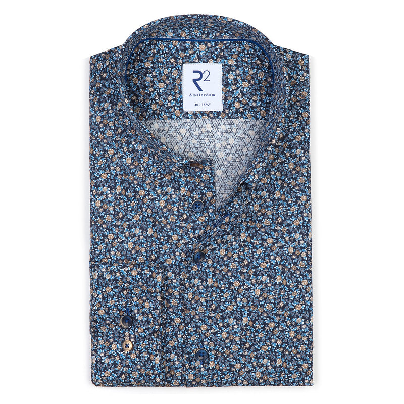 R2 Amsterdam Dark Blue Floral Textured Button Down Shirt