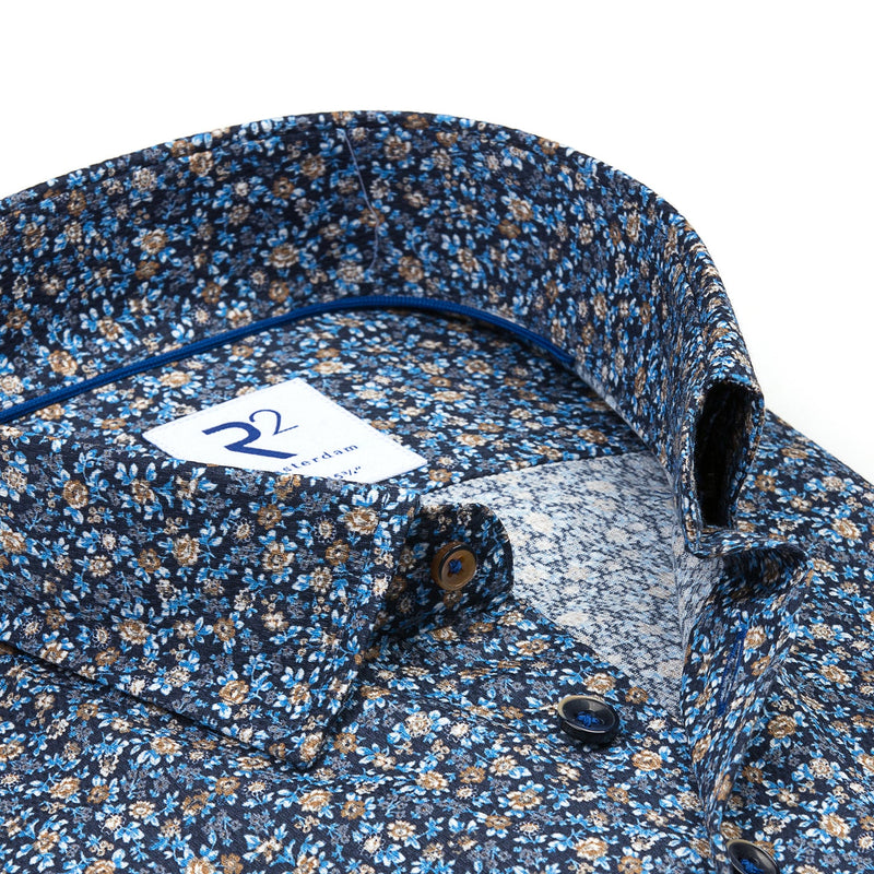 R2 Amsterdam Dark Blue Floral Textured Button Down Shirt