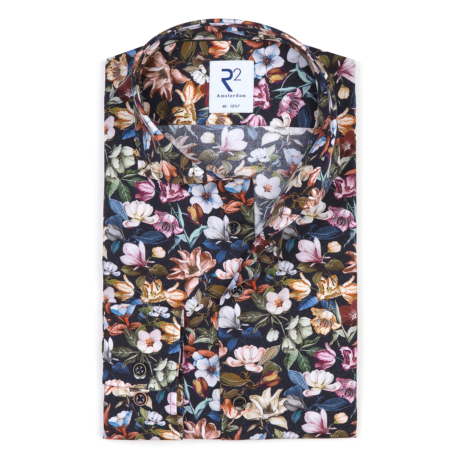 Brand Partner,R2 Amsterdam, R2 Amsterdam Navy Multi Floral Print Button Up Shirt, Blue, Medium-44-Tag40