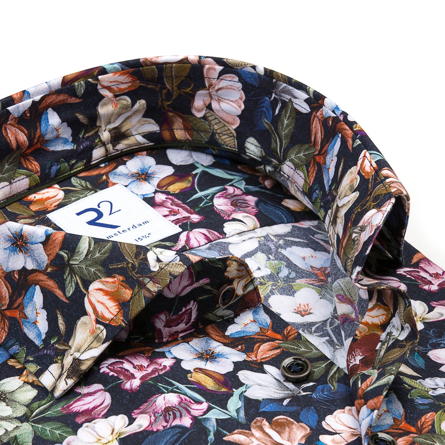 Brand Partner,R2 Amsterdam, R2 Amsterdam Navy Multi Floral Print Button Up Shirt, Blue, Medium-44-Tag40