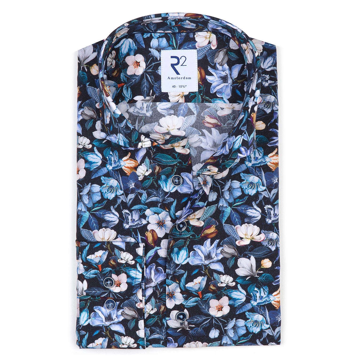 Taelor.Style, R2 Amsterdam Blue Multi Floral Print Button Up Shirt, Blue, Medium-44-