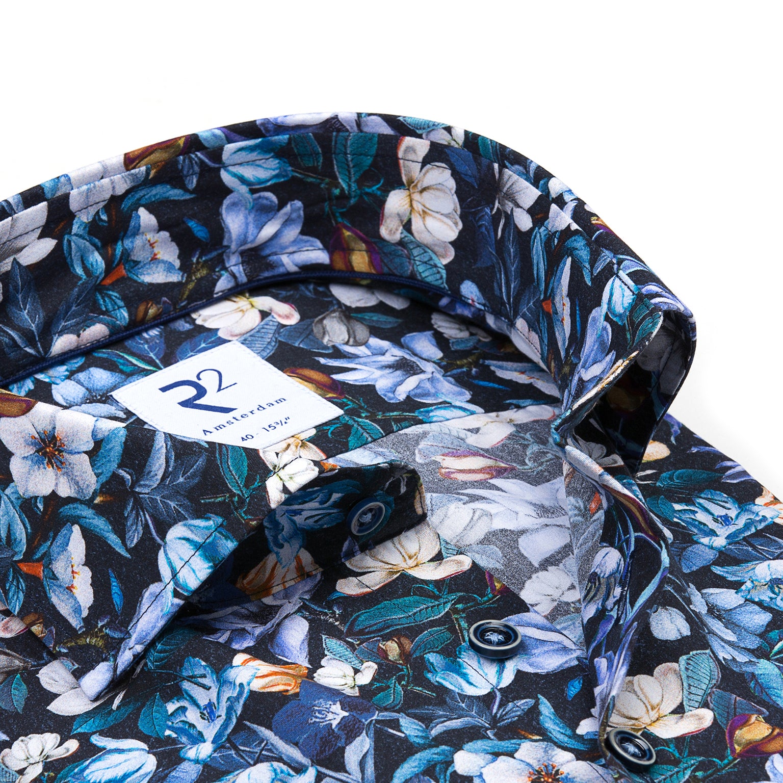Taelor.Style, R2 Amsterdam Blue Multi Floral Print Button Up Shirt, Blue, Medium-44-
