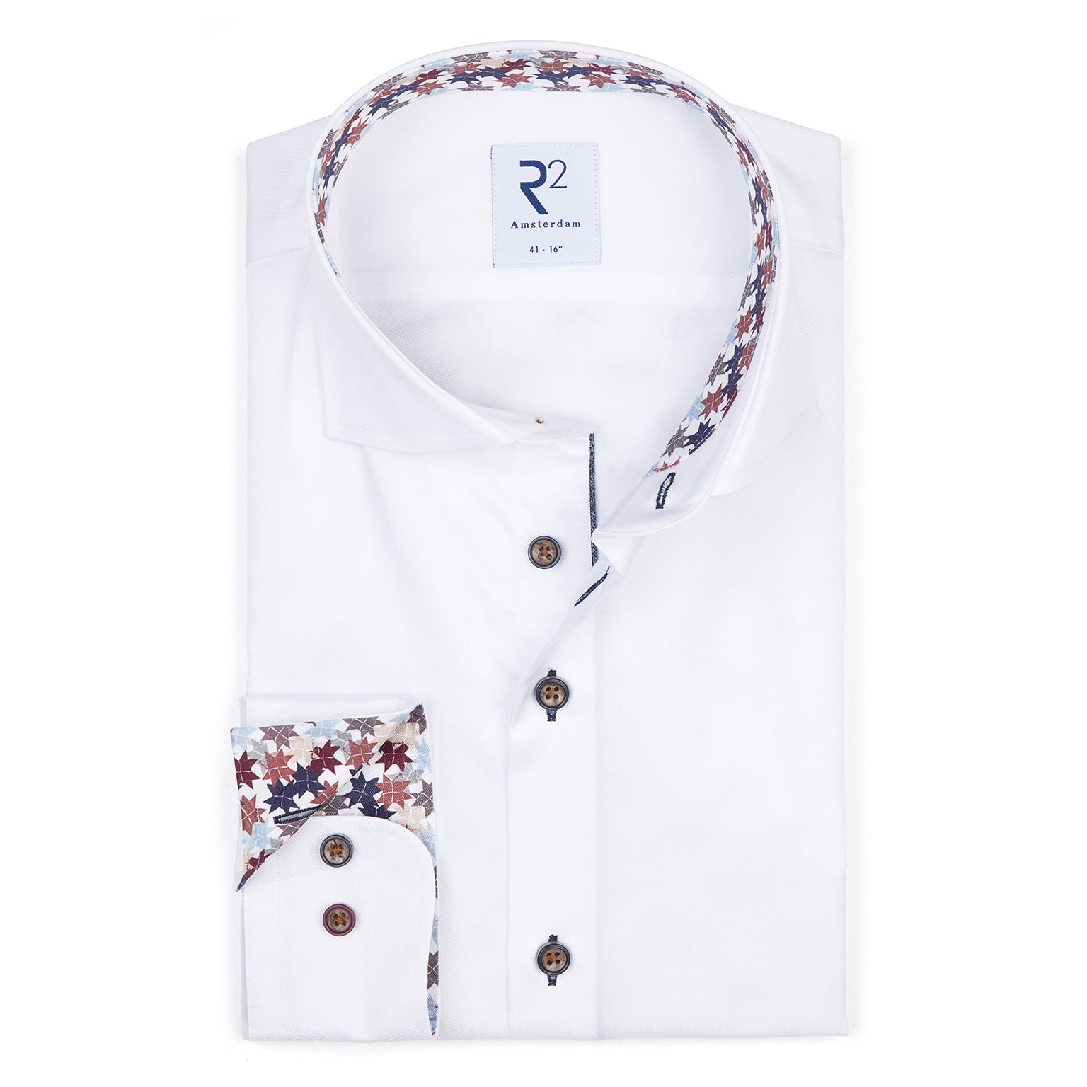 Taelor.Style, R2 Amsterdam White Graphic Leaves Contrast Facing Shirt, White, Large-46-TagL