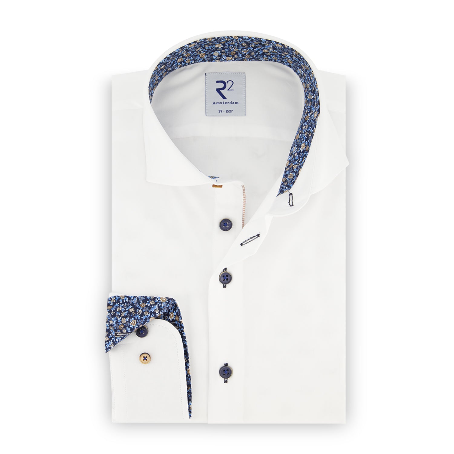 Brand Partner,R2 Amsterdam, R2 Amsterdam White Dark Floral Contrast Facing Shirt, White, Medium-44-TagM