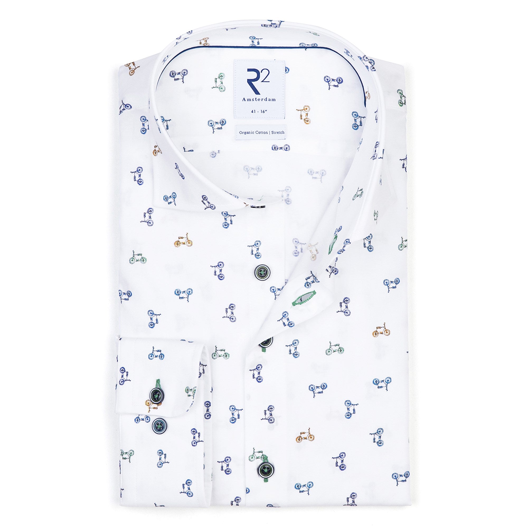 Brand Partner,R2 Amsterdam, R2 Amsterdam White With Multi-Colored Bicycle Print Long Sleeve Button Up Shirt, White, Large-45-TagLExtra Extra Large-53-Tag46Large-45-Tag41