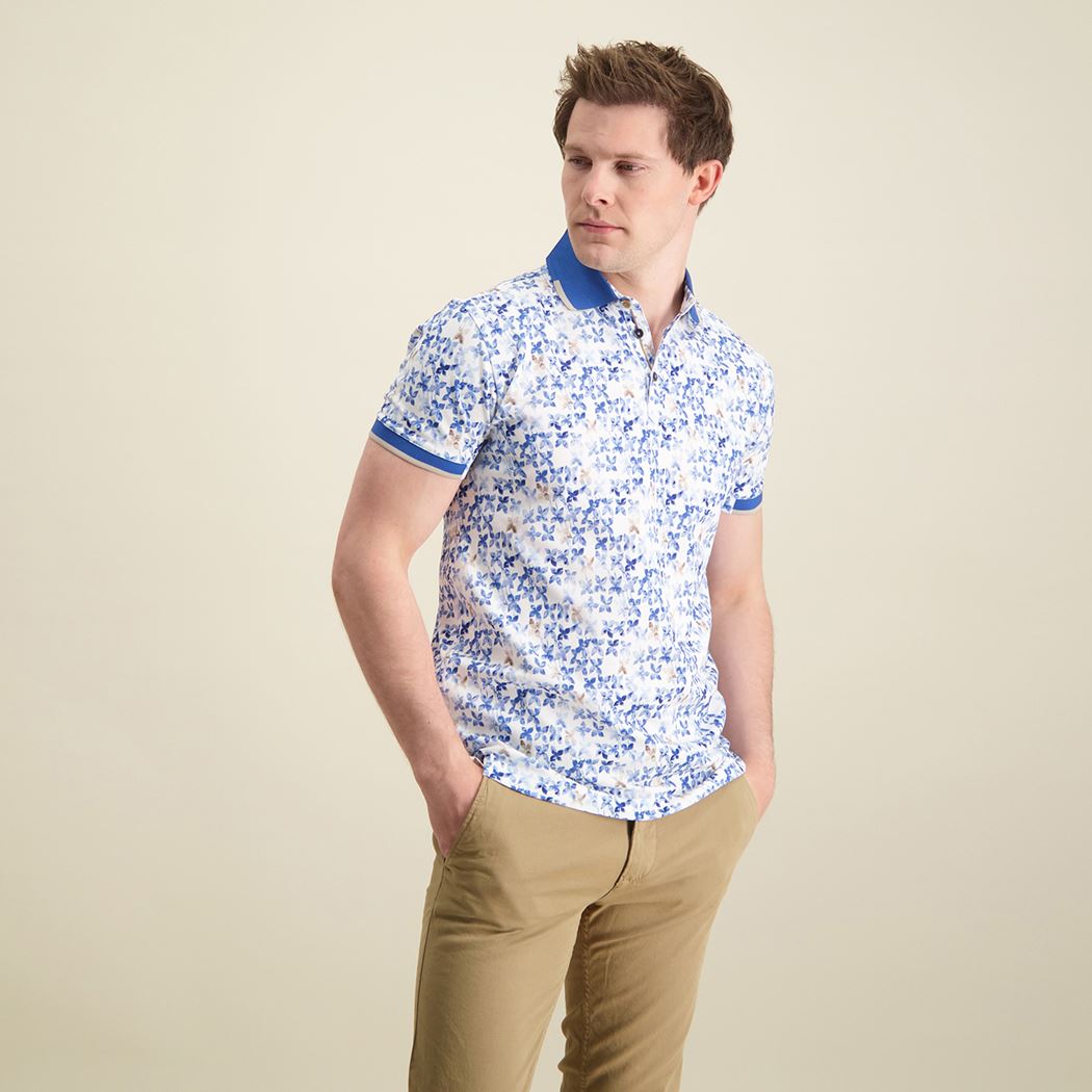 Brand Partner,R2 Amsterdam, R2 Amsterdam Blue Floral Print Short Sleeve Polo, Blue, Large-44-TagL
