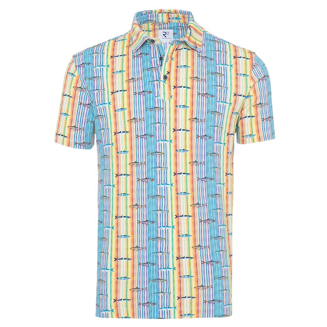 Brand Partner,R2 Amsterdam, R2 Amsterdam Yellow Rainbow Striped w/ Fish Short Sleeve Print Polo, Yellow, Medium-42-TagM