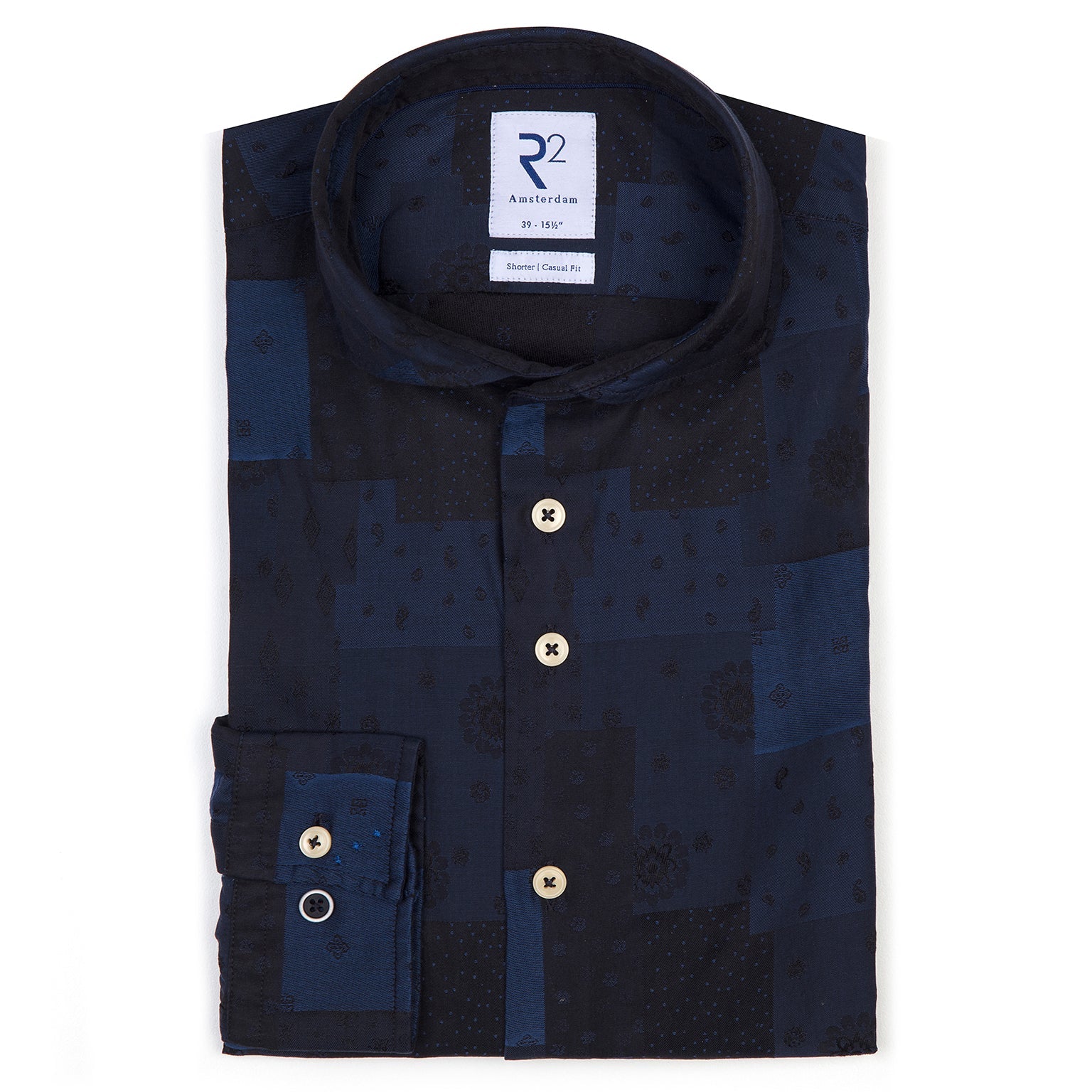 Brand Partner,R2 Amsterdam, R2 Amsterdam Navy Patchwork Jacquard Button Up Shirt, Blue, Small-41-TagS