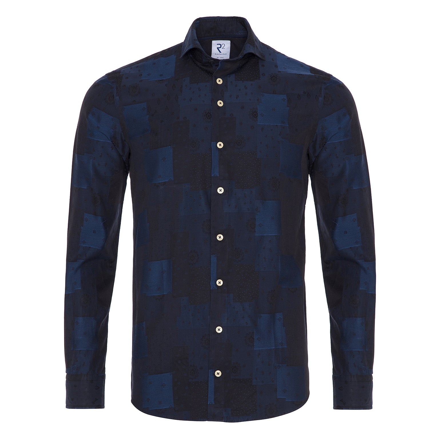 Brand Partner,R2 Amsterdam, R2 Amsterdam Navy Patchwork Jacquard Button Up Shirt, Blue, Small-41-TagS
