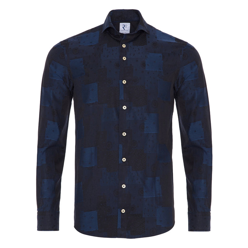 R2 Amsterdam Navy Patchwork Jacquard Button Up Shirt