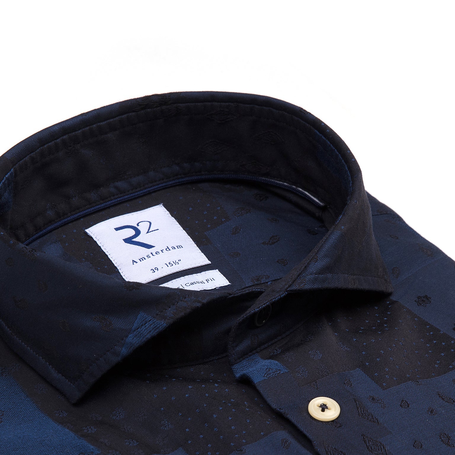 Brand Partner,R2 Amsterdam, R2 Amsterdam Navy Patchwork Jacquard Button Up Shirt, Blue, Small-41-TagS