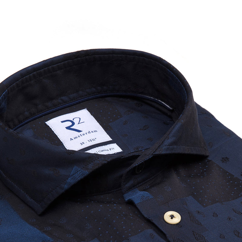 R2 Amsterdam Navy Patchwork Jacquard Button Up Shirt