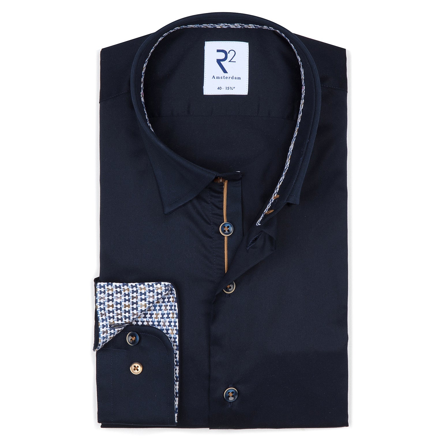 Brand Partner,R2 Amsterdam, R2 Amsterdam Navy Solid Button Up Shirt With Abstract Cuff Details, Blue, Small-41-Tag39