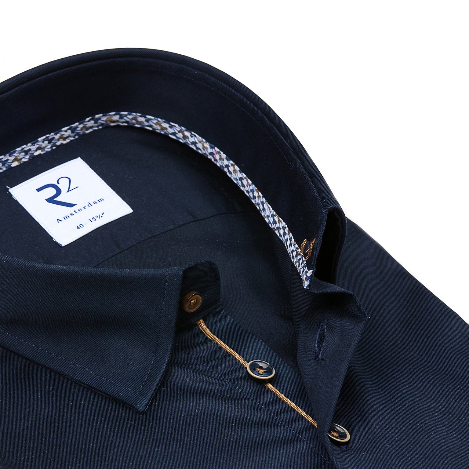 Brand Partner,R2 Amsterdam, R2 Amsterdam Navy Solid Button Up Shirt With Abstract Cuff Details, Blue, Small-41-Tag39