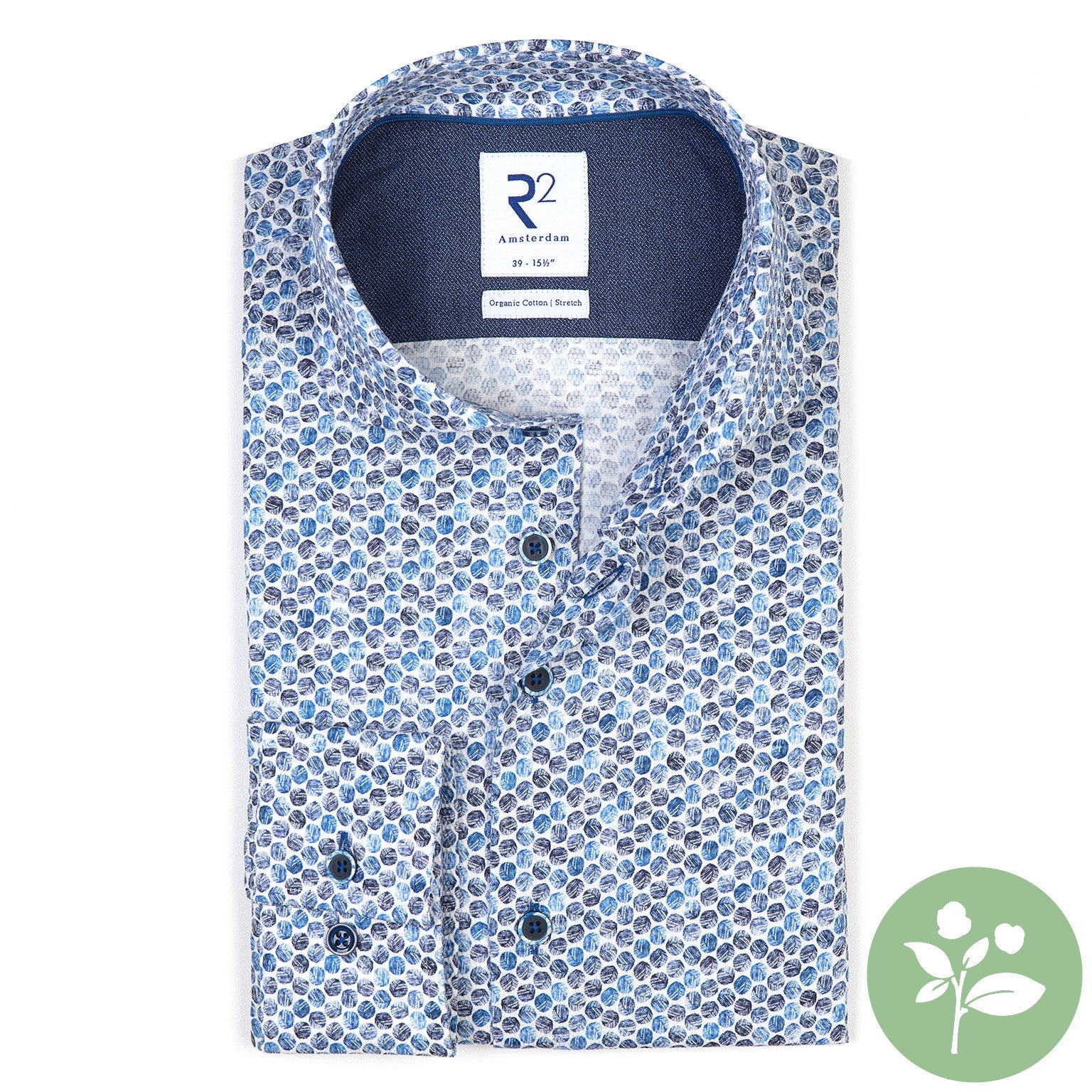 Brand Partner,R2 Amsterdam, R2 Amsterdam White Graphic Blue Dot Print Button Up Shirt, White, Medium-42-Tag39