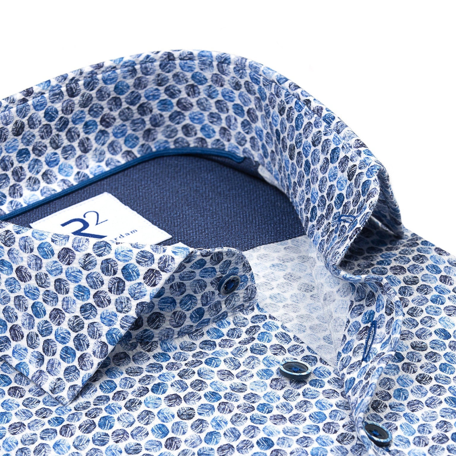 Brand Partner,R2 Amsterdam, R2 Amsterdam White Graphic Blue Dot Print Button Up Shirt, White, Medium-42-Tag39