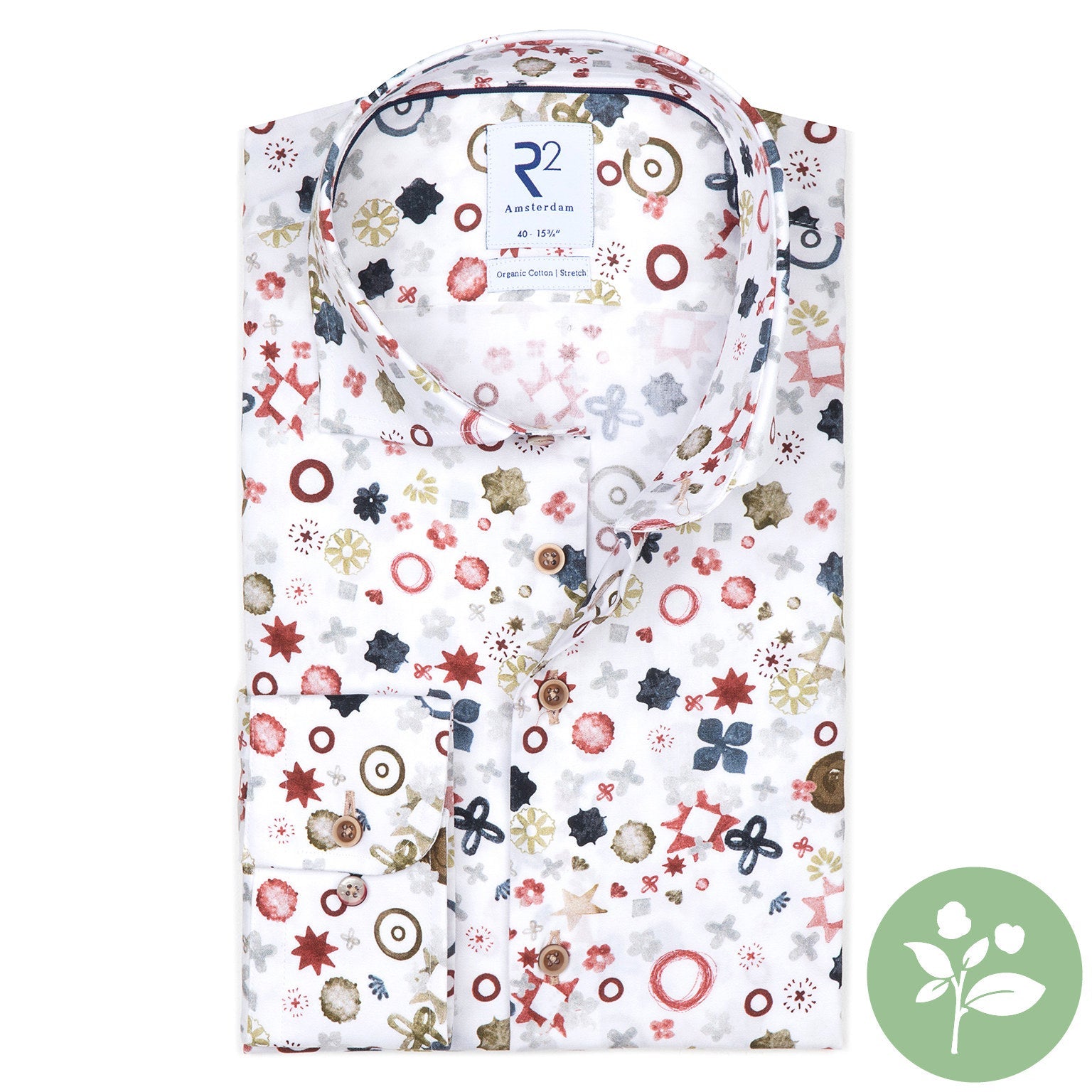 Taelor.Style, R2 Amsterdam White Fantasy Red Print Performance Button Up Shirt, White, Medium-42-TagM