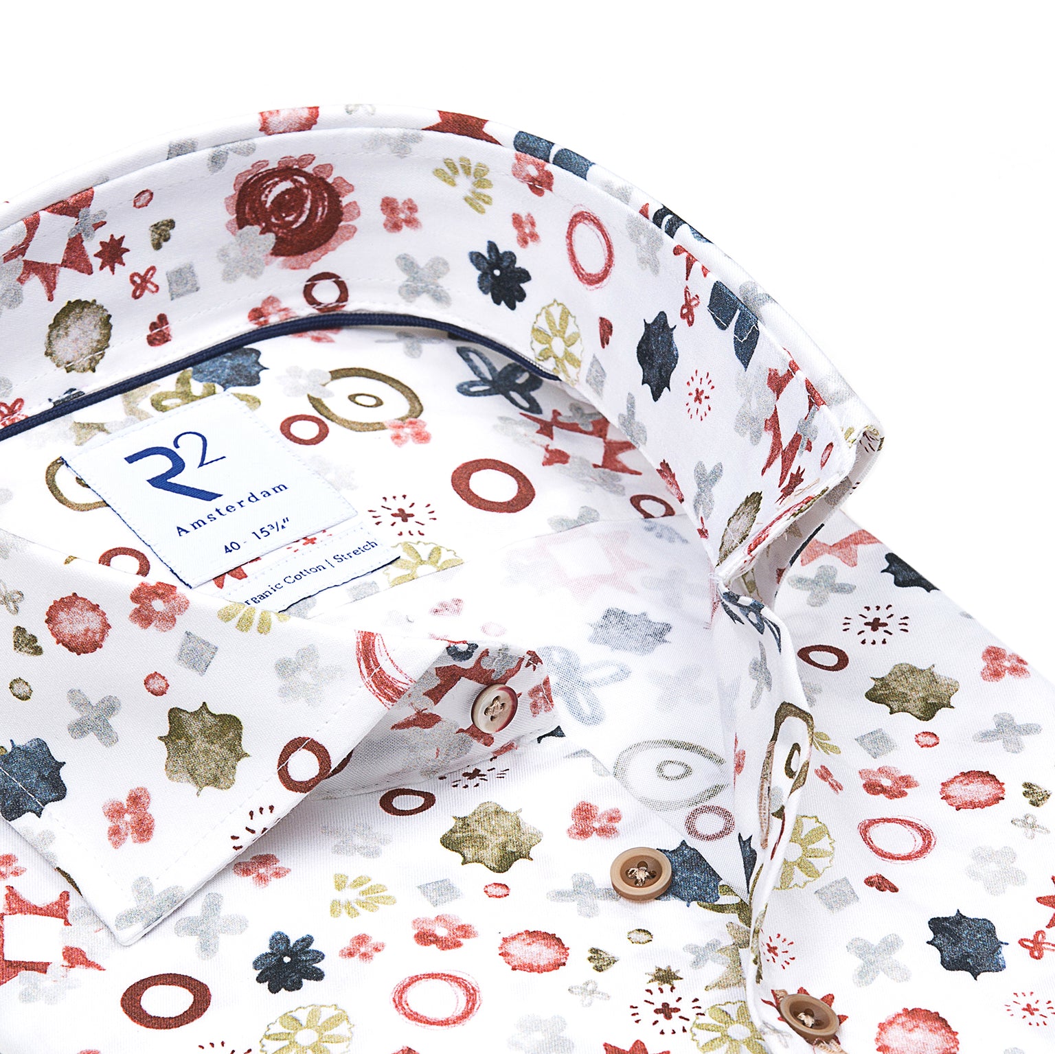 Taelor.Style, R2 Amsterdam White Fantasy Red Print Performance Button Up Shirt, White, Medium-42-TagM