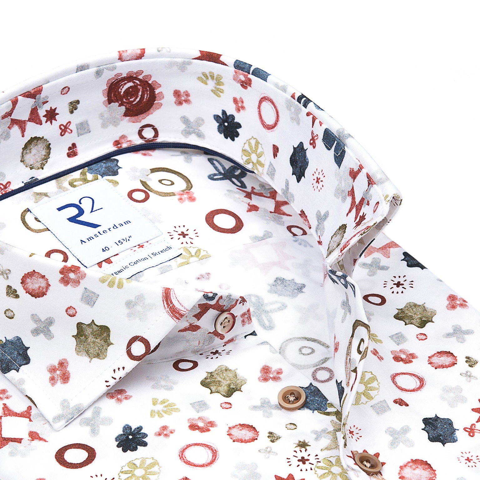 Taelor.Style, R2 Amsterdam White Fantasy Red Print Performance Button Up Shirt, White, Medium-42-TagM