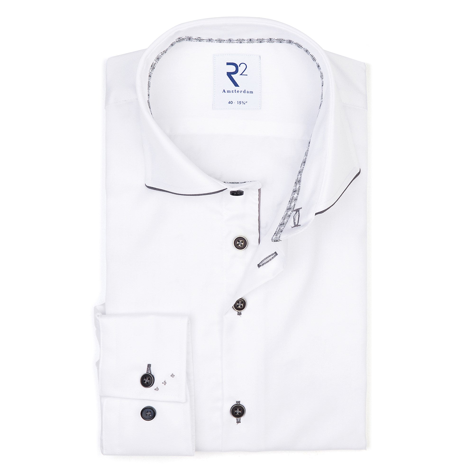 Brand Partner,R2 Amsterdam, R2 Amsterdam White Solid w/ Grey Trim Collar Button Up, White, Medium-42-Tag39