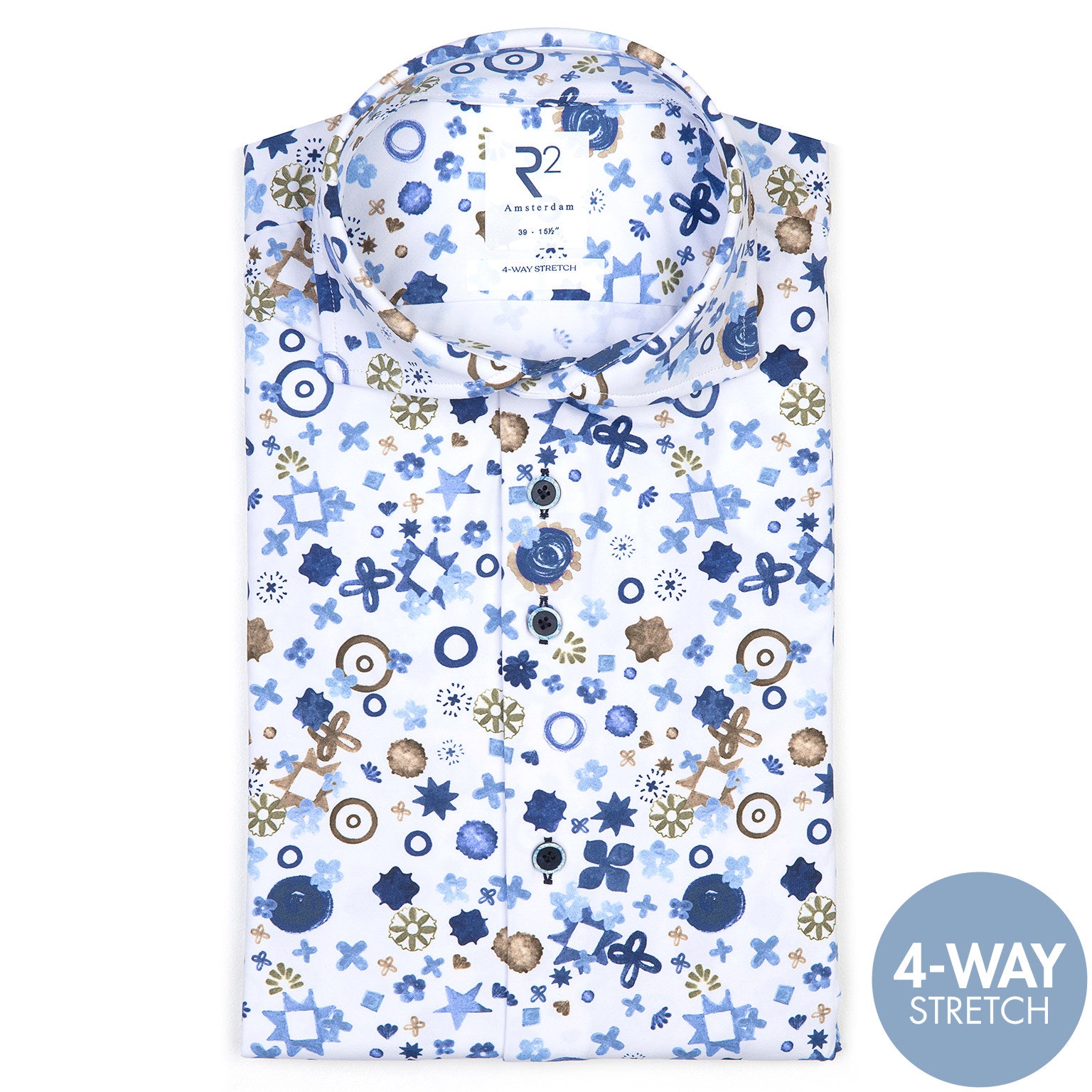 Brand Partner,R2 Amsterdam, R2 Amsterdam White Fantasy Blue Print Performance Button Up Shirt, White, Medium-42-TagM