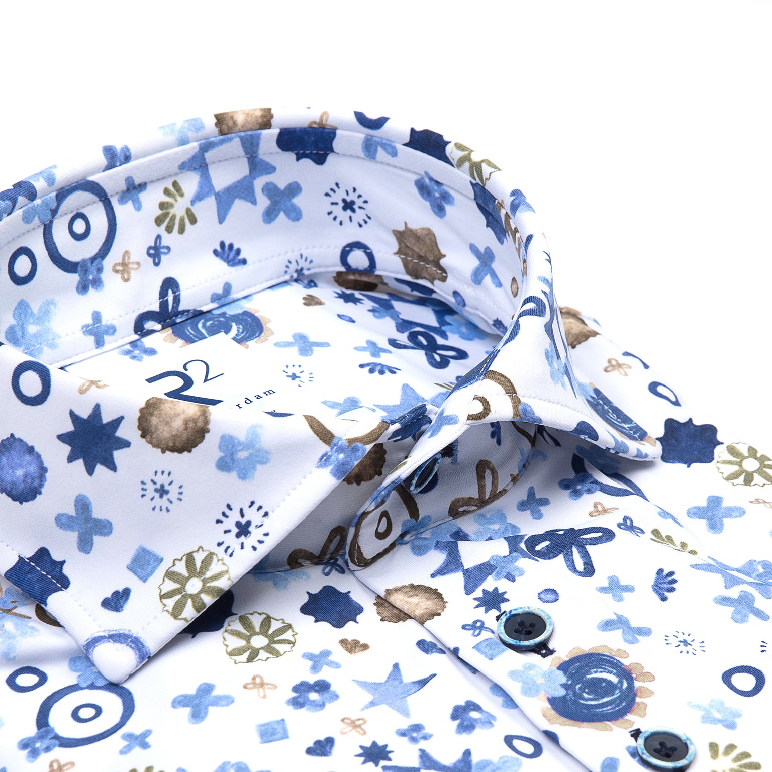 Brand Partner,R2 Amsterdam, R2 Amsterdam White Fantasy Blue Print Performance Button Up Shirt, White, Medium-42-TagM