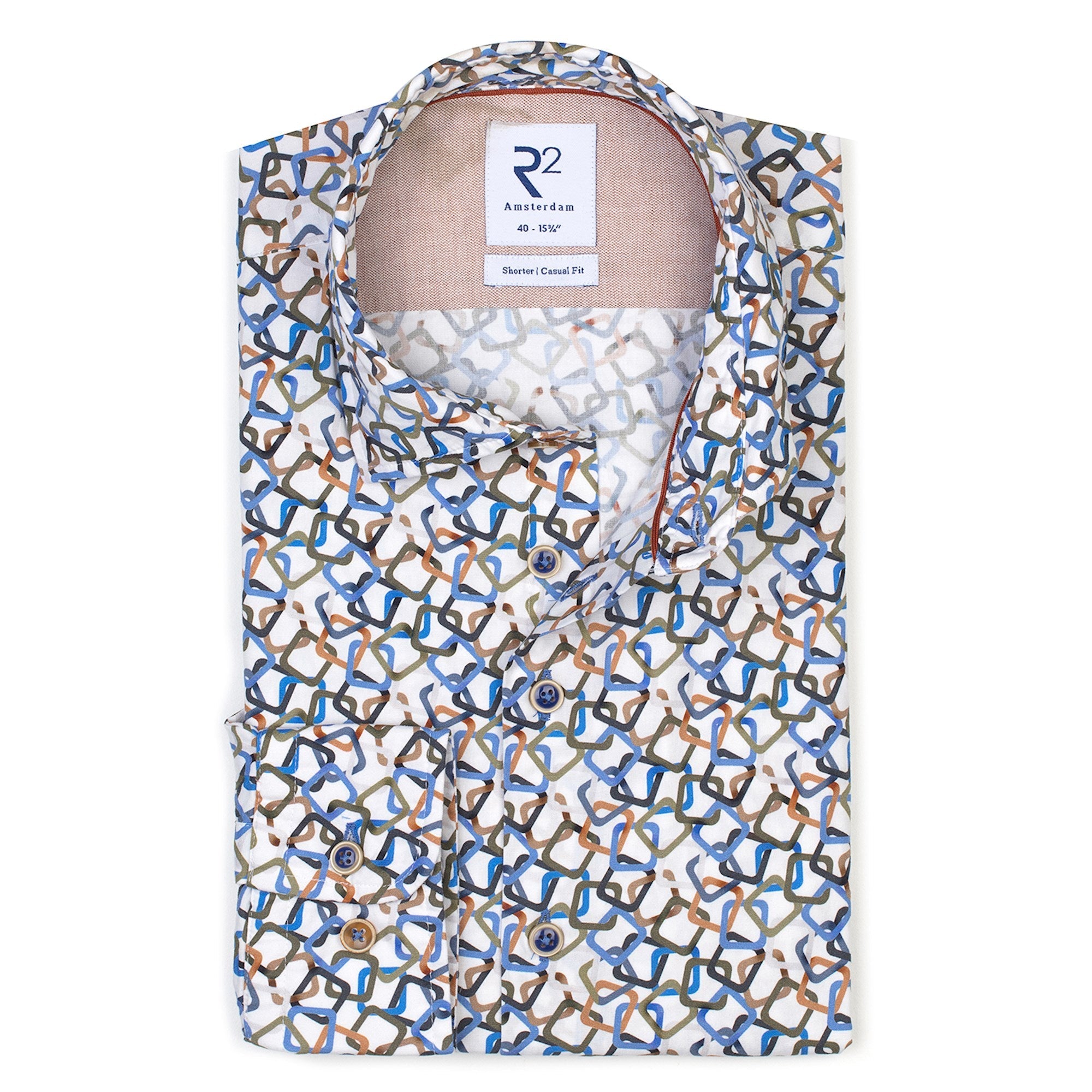 Brand Partner,R2 Amsterdam, R2 Amsterdam White w/ Multicolor Square Print Button Up, White, Medium-42-TagMExtra Extra Large-52-Tag45